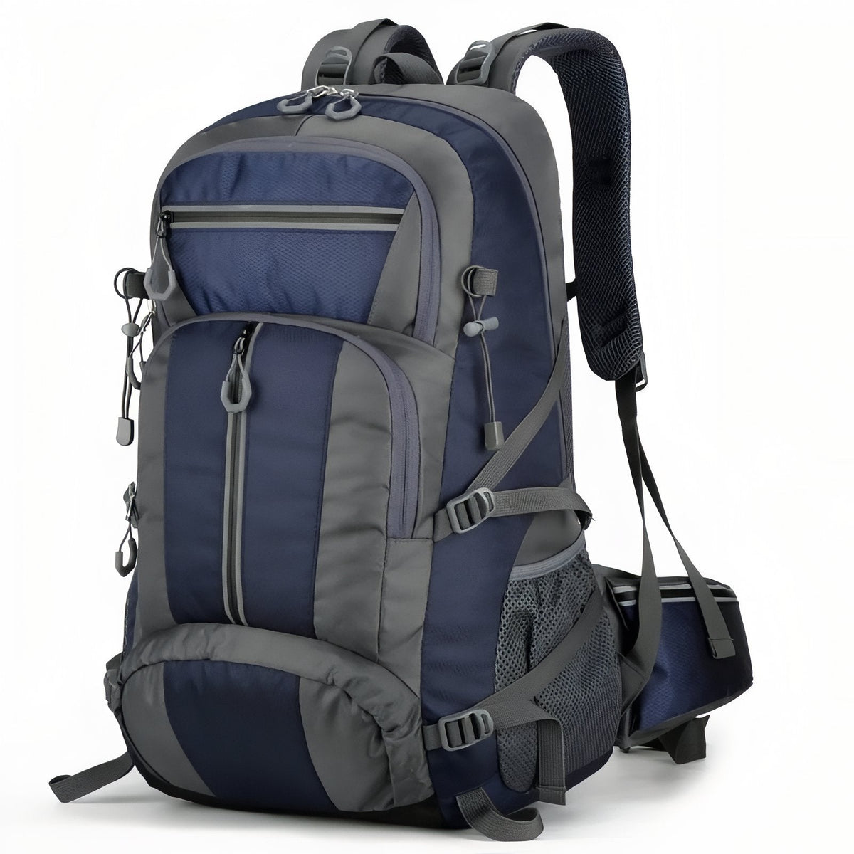 Dark grey and navy hiking backpack, front three-quarter view