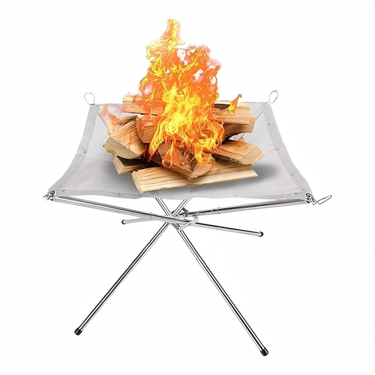Folding stainless steel mesh fire pit with a wood fire burning in it