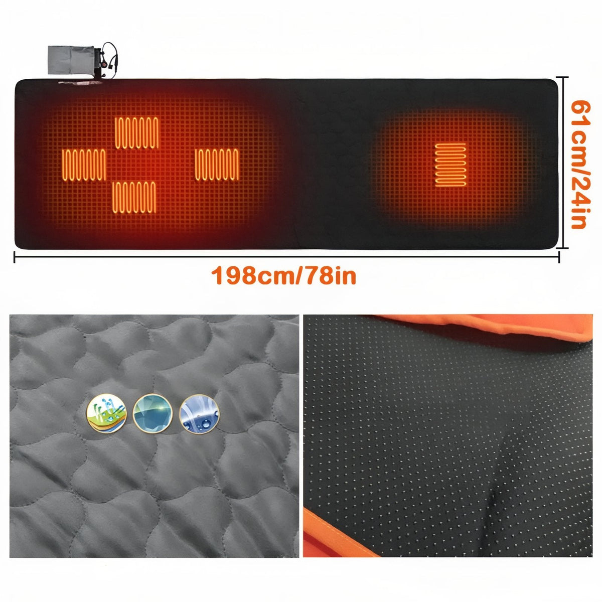 Black heated sleeping pad with its two heating zones glowing, marked 198 cm long and 61 cm wide, with close-ups of the quilted top and dotted non-slip underside
