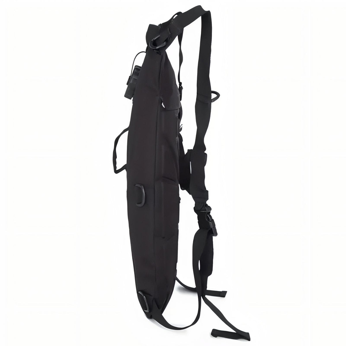Slim profile of the black hydration pack from the side