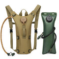 Beige hydration pack with its drinking tube beside the green 3 litre water bladder
