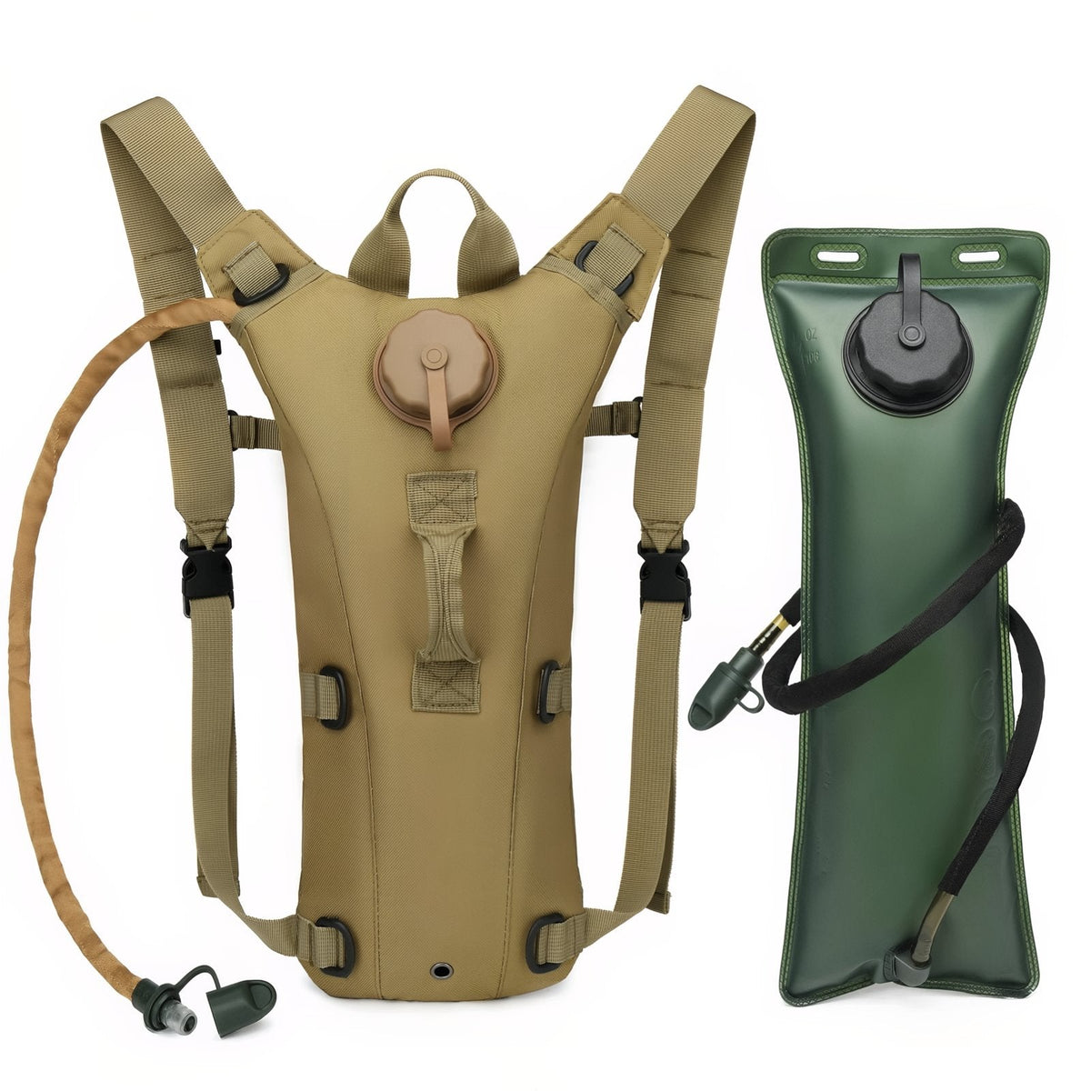 Beige hydration pack with its drinking tube beside the green 3 litre water bladder