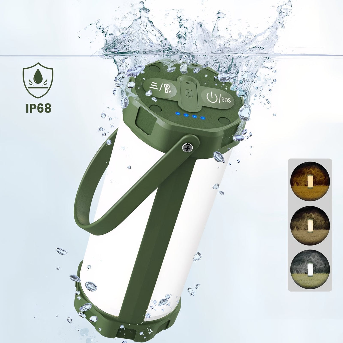 The lantern tilted in a splash of water, showing the top panel with its buttons and blue charge dots and the fold-out handle