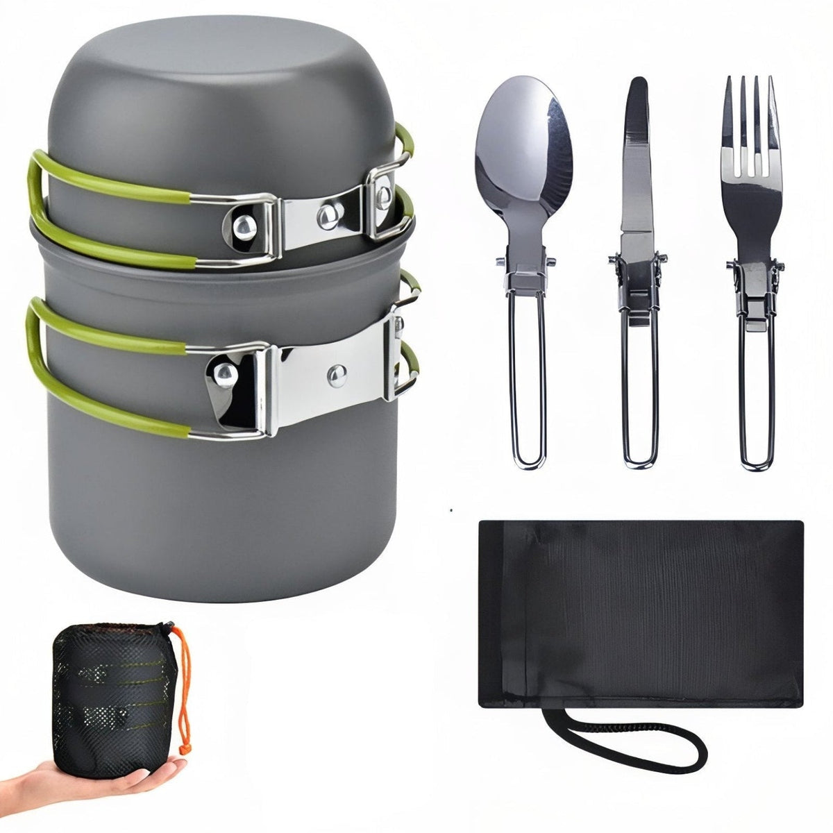 Nested grey pots with green folding handles, folding spoon, knife and fork, cutlery pouch and mesh bag held in a hand