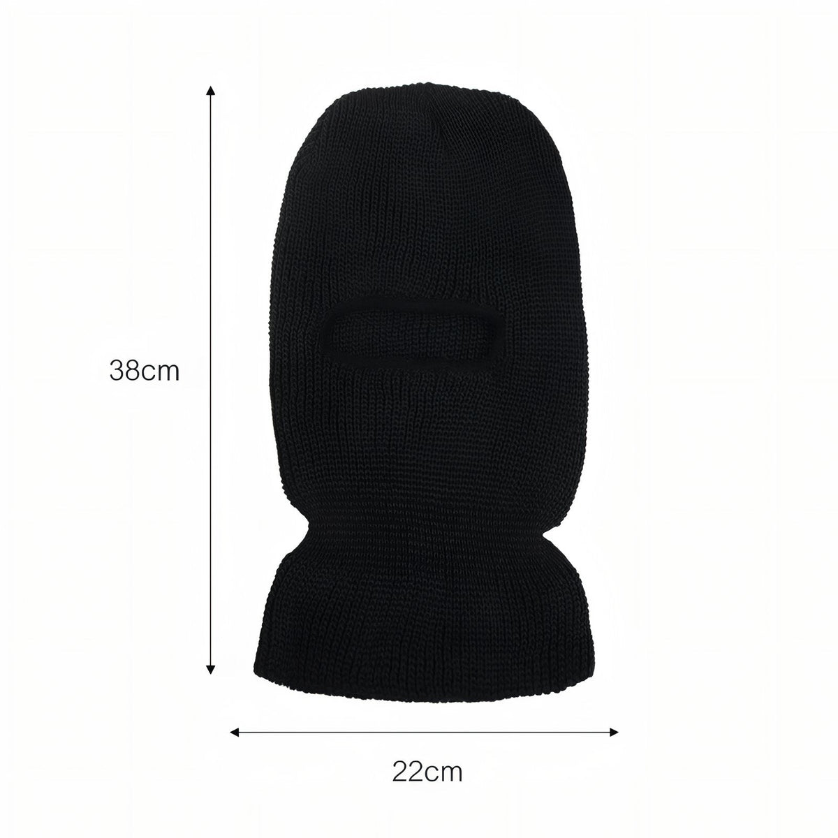 The black balaclava laid flat, marked 38 cm tall and 22 cm wide