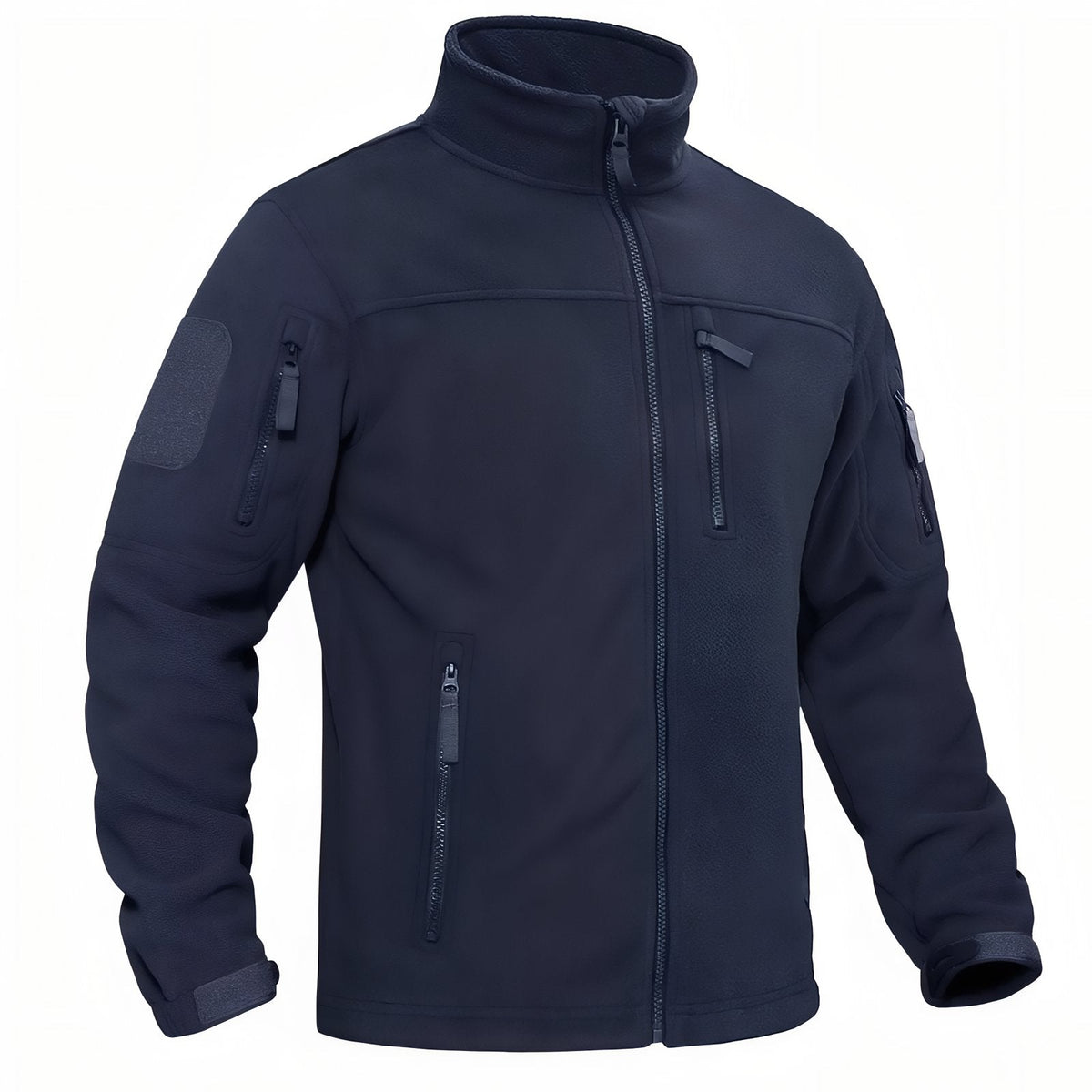 Navy blue men's tactical fleece jacket with stand collar and zipped chest and sleeve pockets
