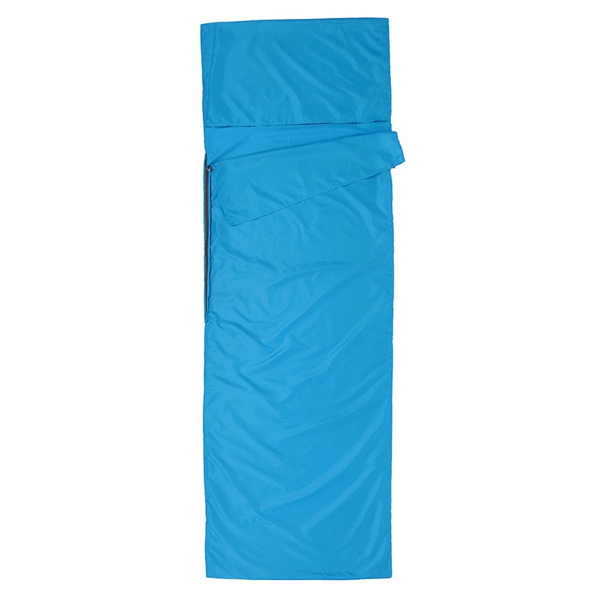 Sky blue sleeping bag liner laid flat with the pillow flap folded back