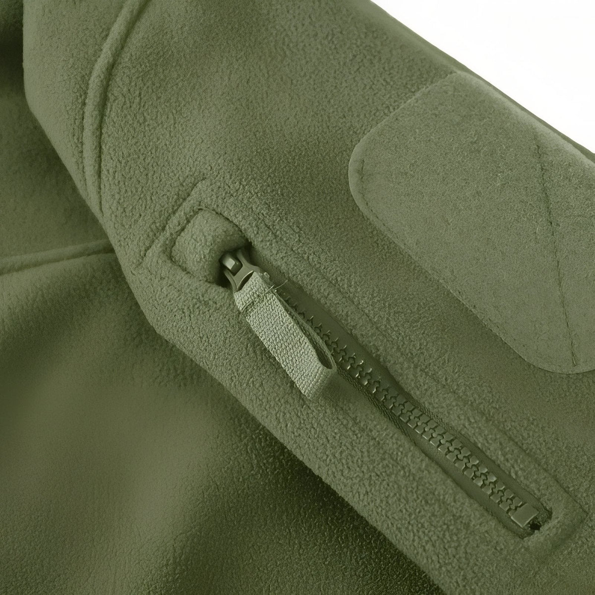 Close-up of the zipped sleeve pocket and hook-and-loop patch panel on the olive green fleece