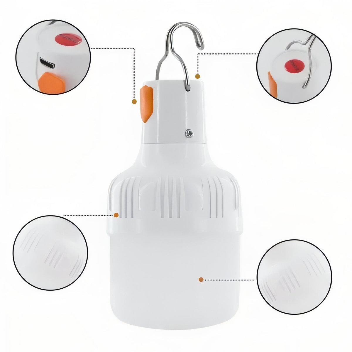LED bulb lantern with close-ups of the orange USB port cover, the red switch, the ribbed shoulder and the frosted shade