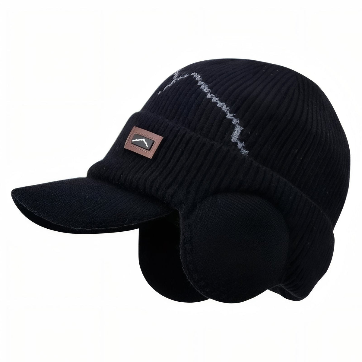 Black knitted peaked beanie with round ear flaps and a grey contrast line