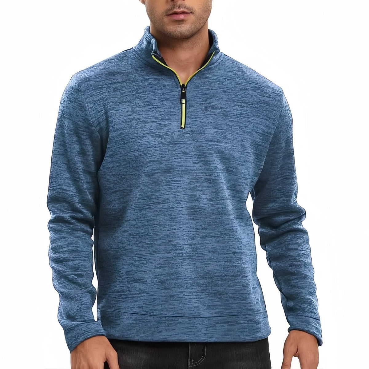 Man wearing the heather blue quarter-zip pullover with the collar zipped up
