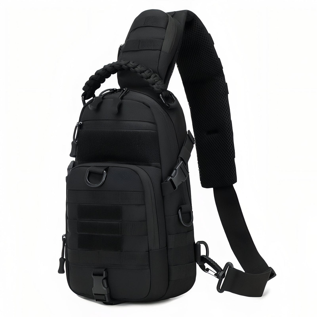 Black tactical sling bag with webbing loops, a braided handle and a padded strap
