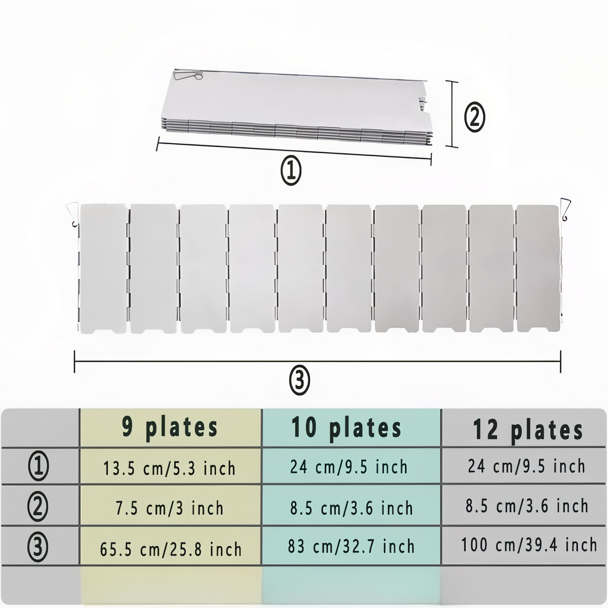 Size table for the 9, 10 and 12 panel windscreens: folded length, folded depth and length opened out