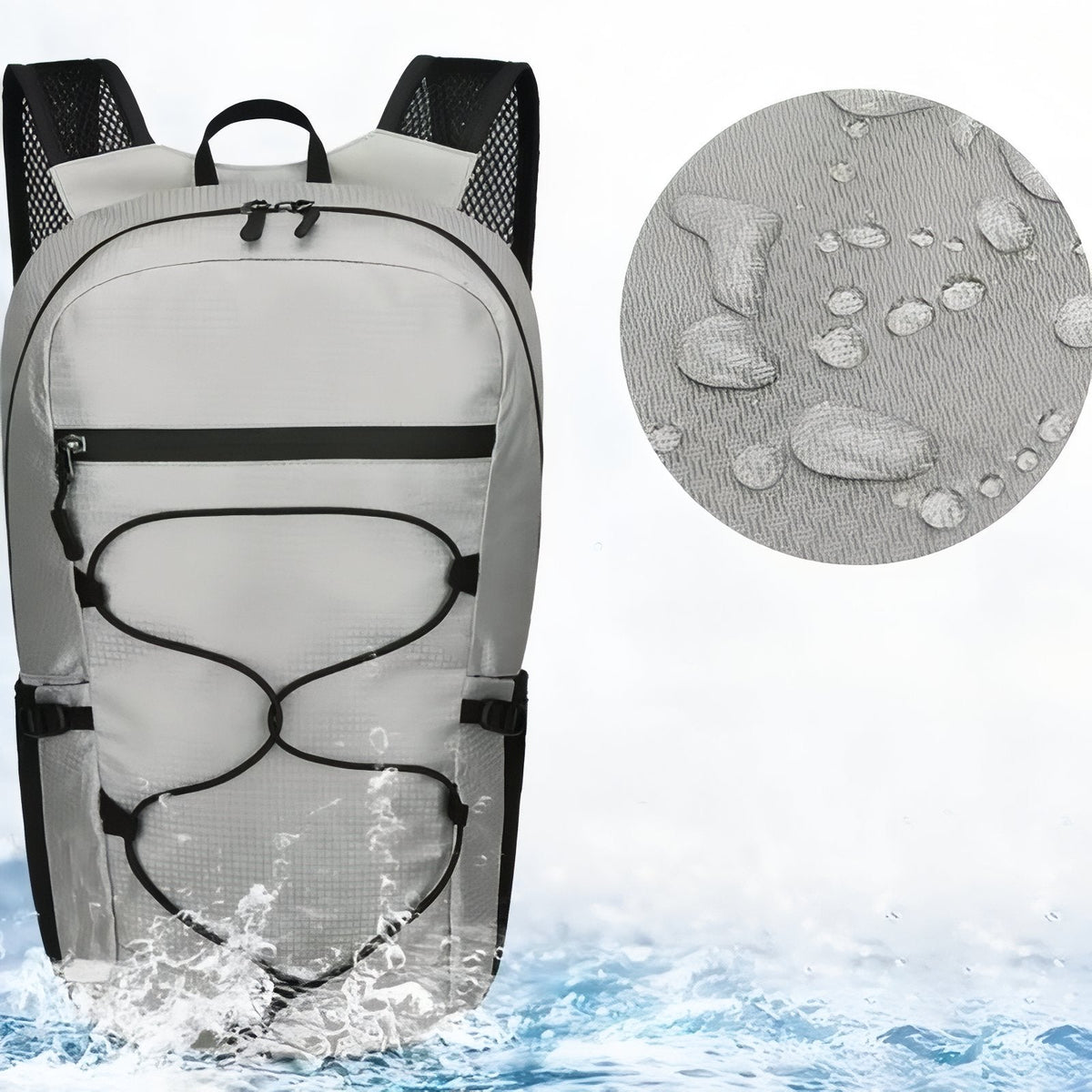 Light grey daypack standing in splashing water, with a close-up of water beading on the fabric