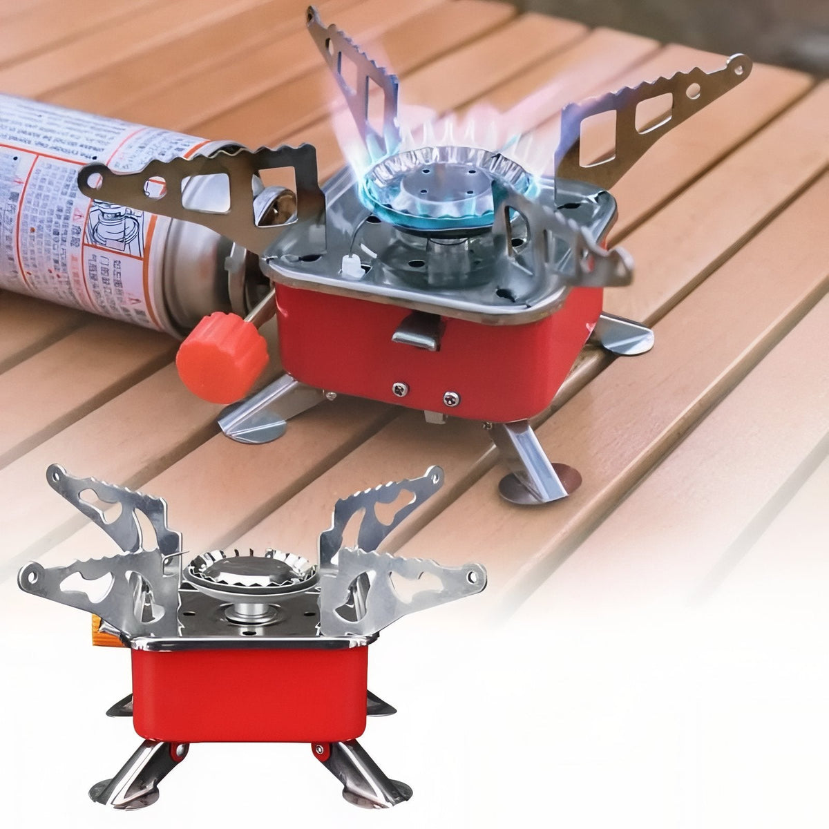 Two red camping stoves on a wooden table, one lit with a cassette gas cartridge attached