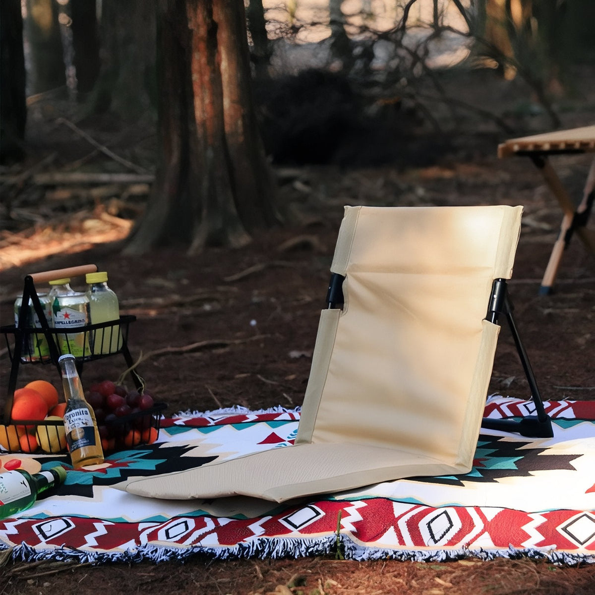 Light beige ground chair on a picnic rug under trees