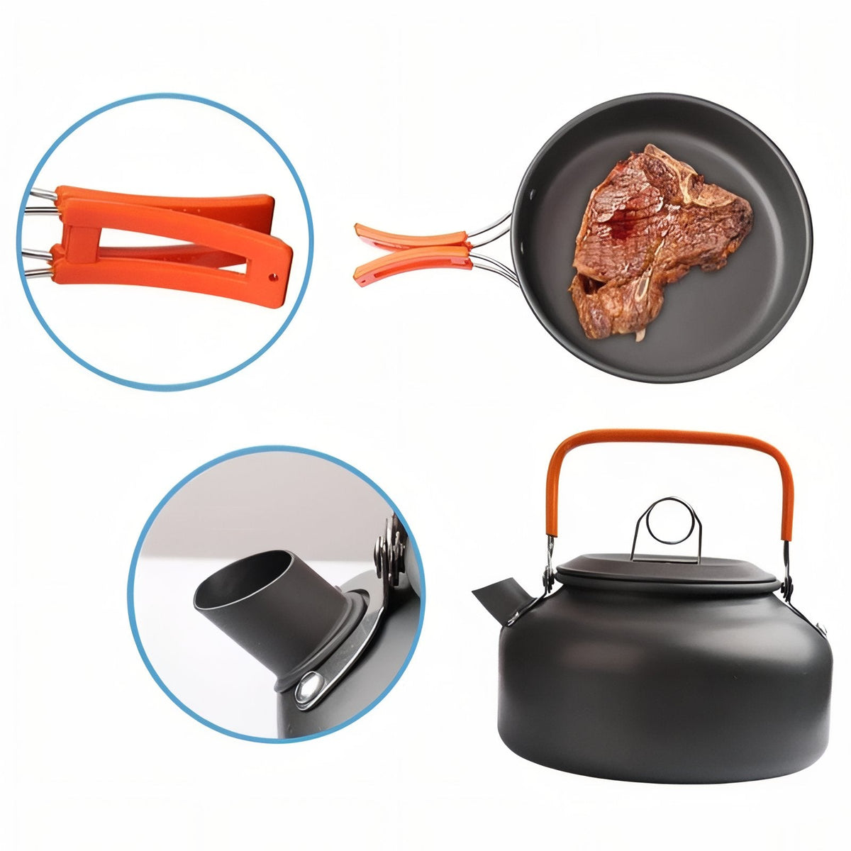Close-ups of the folding orange handle, the frying pan with a steak, the kettle spout and the kettle