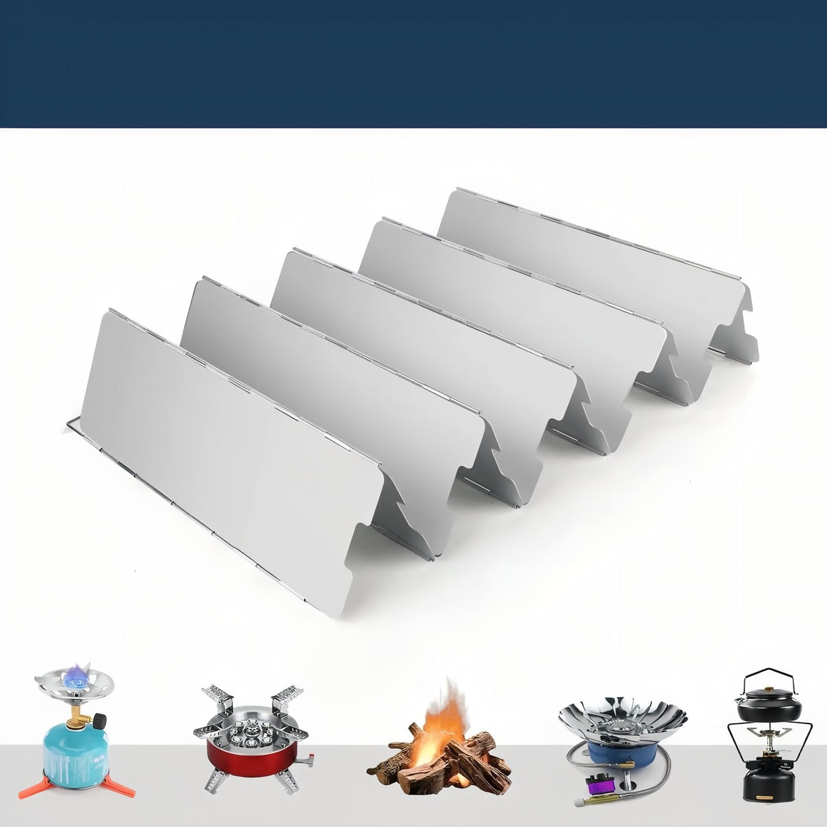 Windscreen folded into a zigzag, with icons of the stoves and fires it stands round