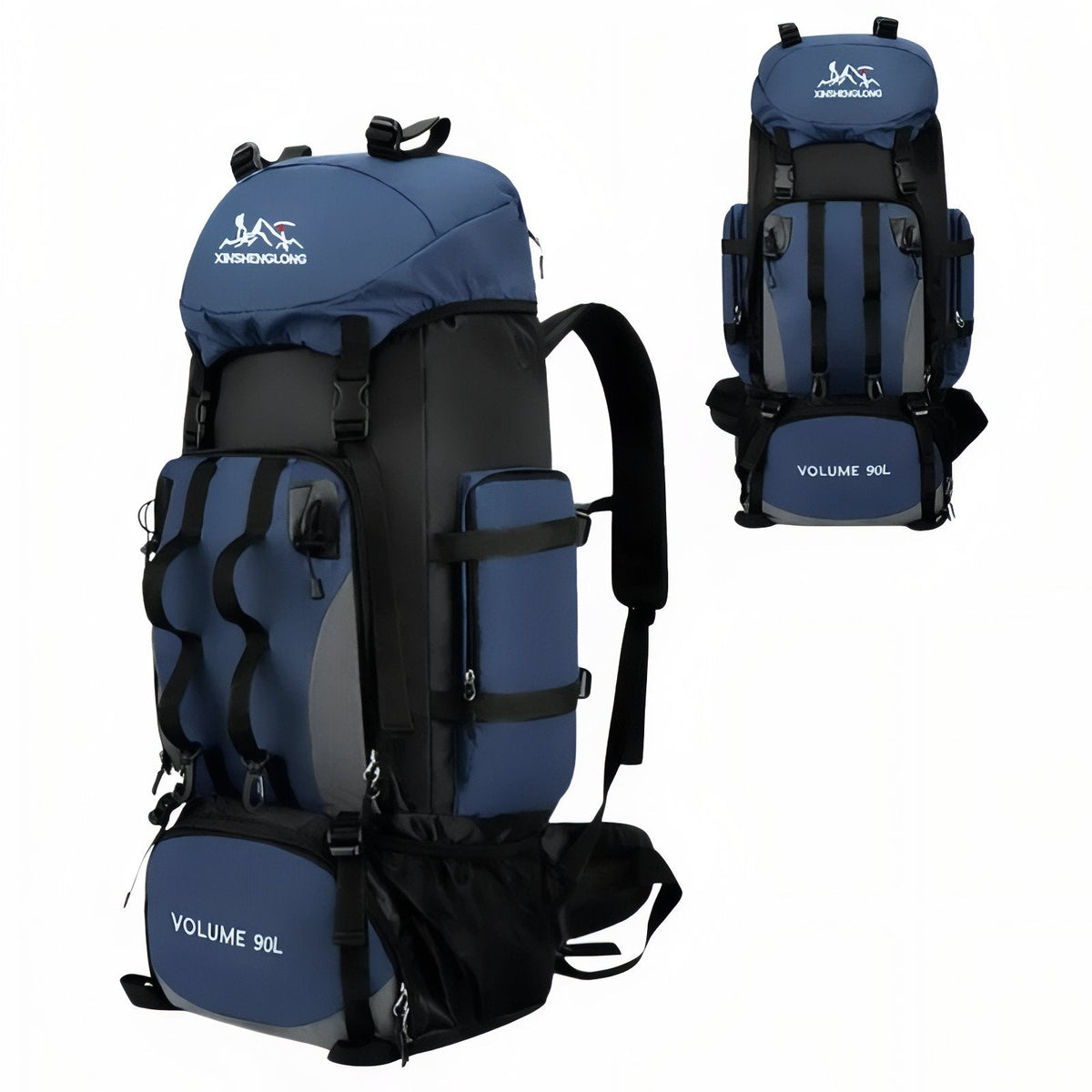 Navy blue 90 L hiking backpack with a lid pocket, side pockets and hip belt, shown from the front with a small back view
