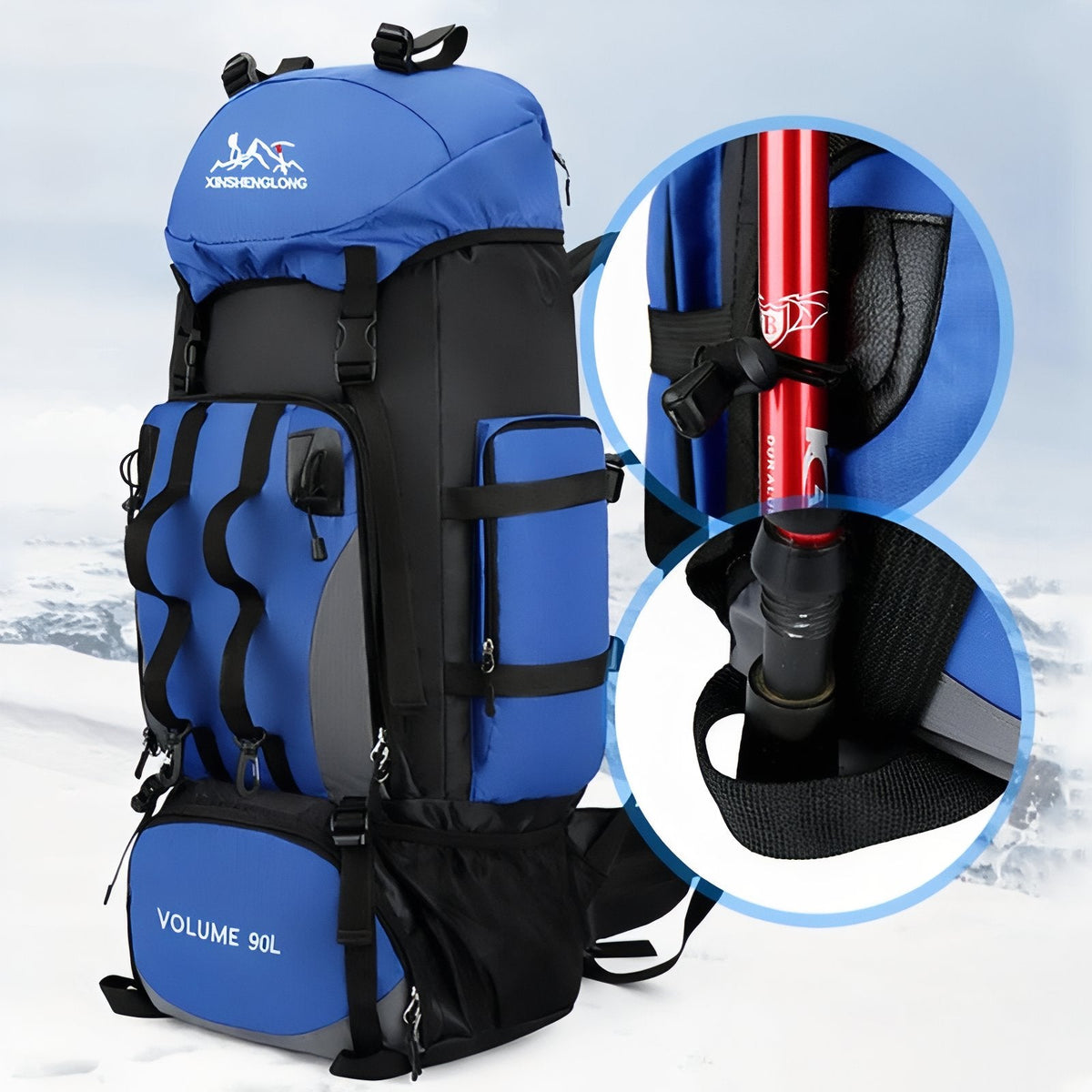 Blue 90 L hiking backpack with close-ups of the trekking pole holder at the base and side