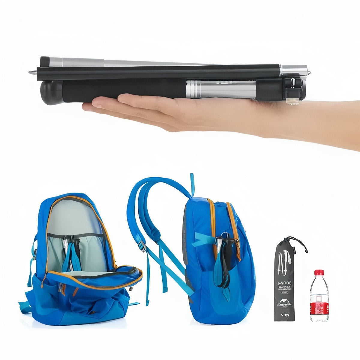 Folded trekking pole resting on a hand, and the pole in its storage bag beside a day pack and a water bottle for scale