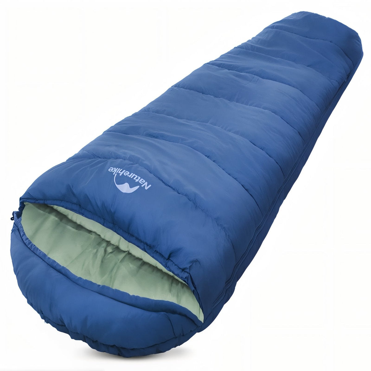 Navy blue mummy sleeping bag with a light green lining, the hood opening turned toward the camera