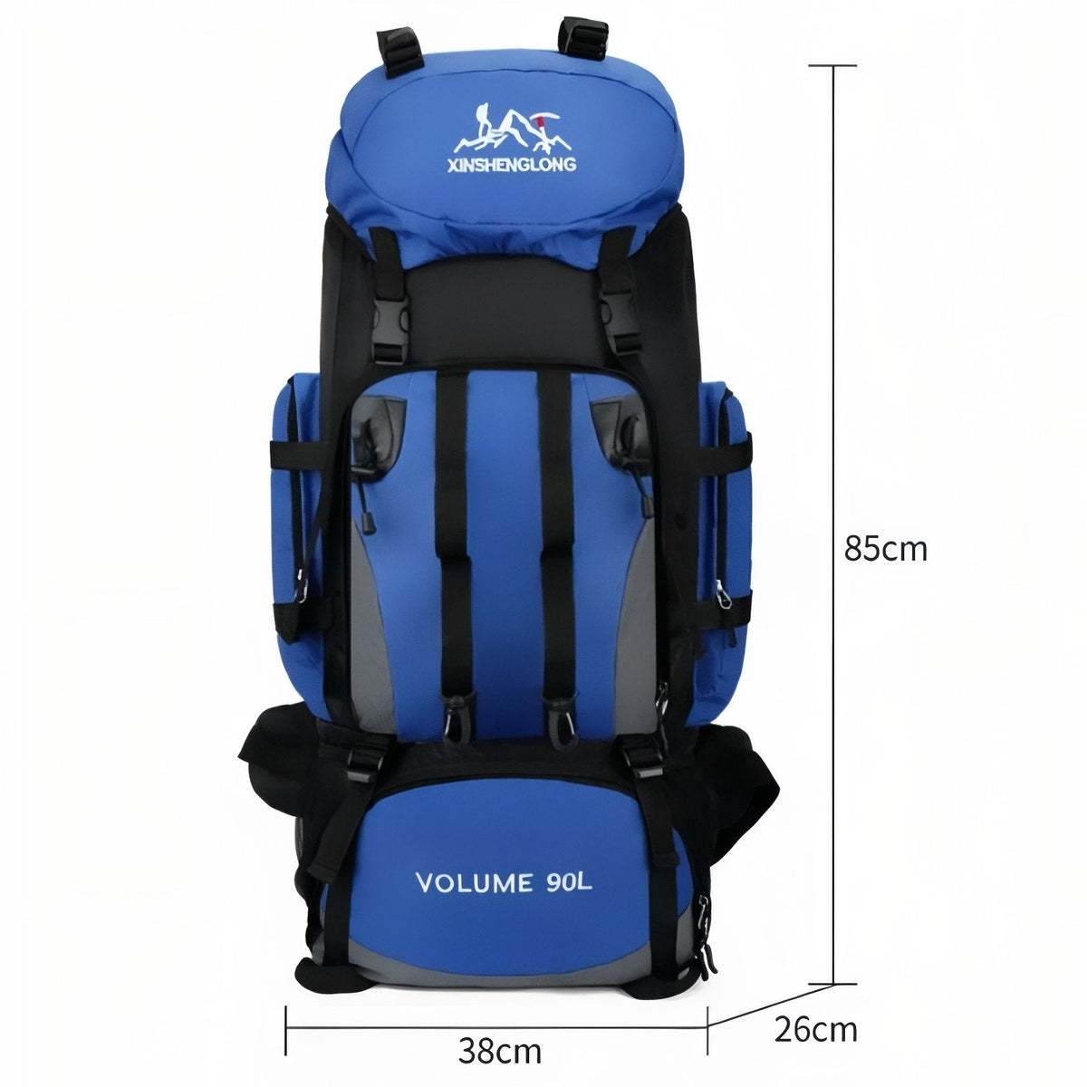 Blue 90 L hiking backpack with its size marked: 85 cm tall, 38 cm wide and 26 cm deep