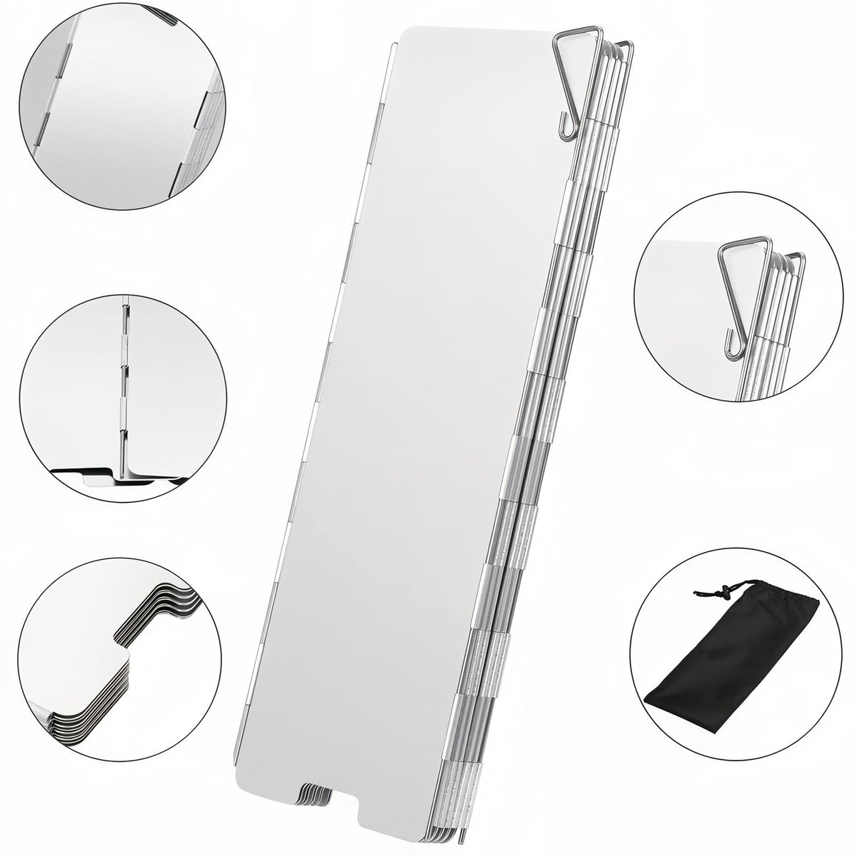Folded windscreen with close-ups of the panel edges, wire hinges, stakes and bag