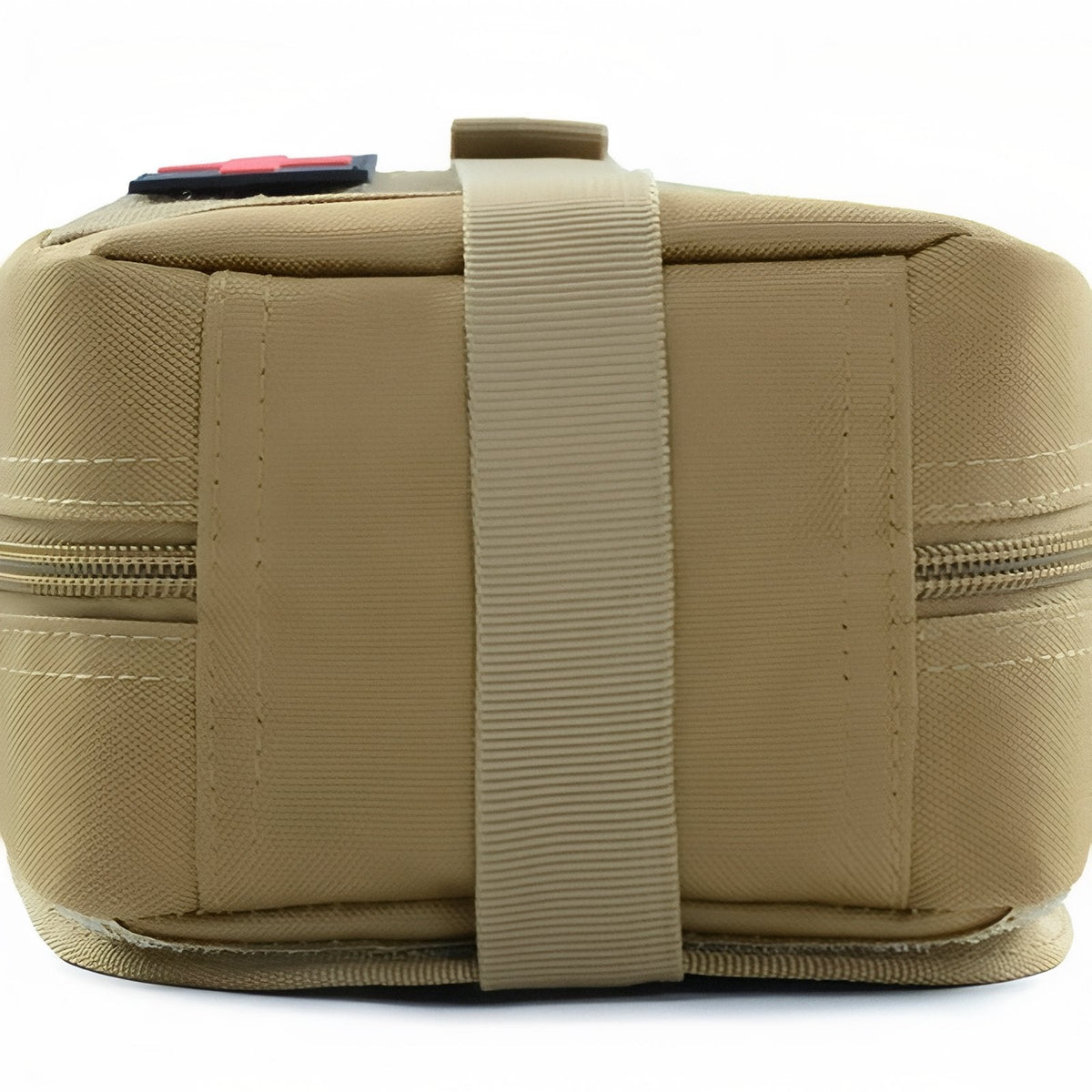 Khaki first aid pouch lying on its side with the buckle strap across the top
