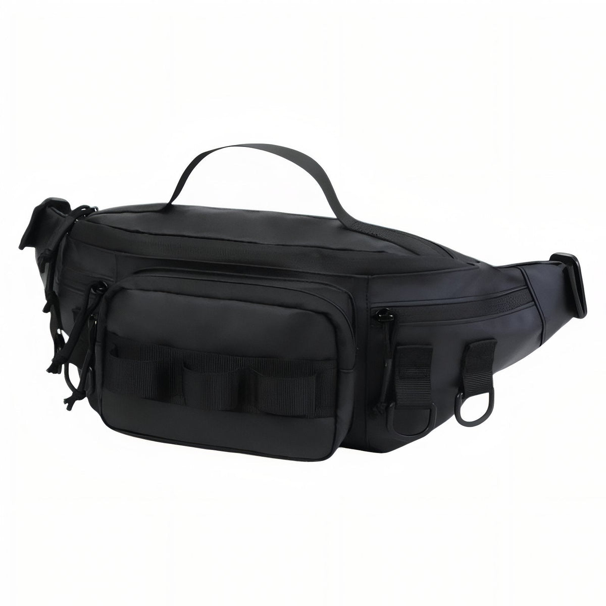 Jet black hip pack with a top grab handle and front gear loops