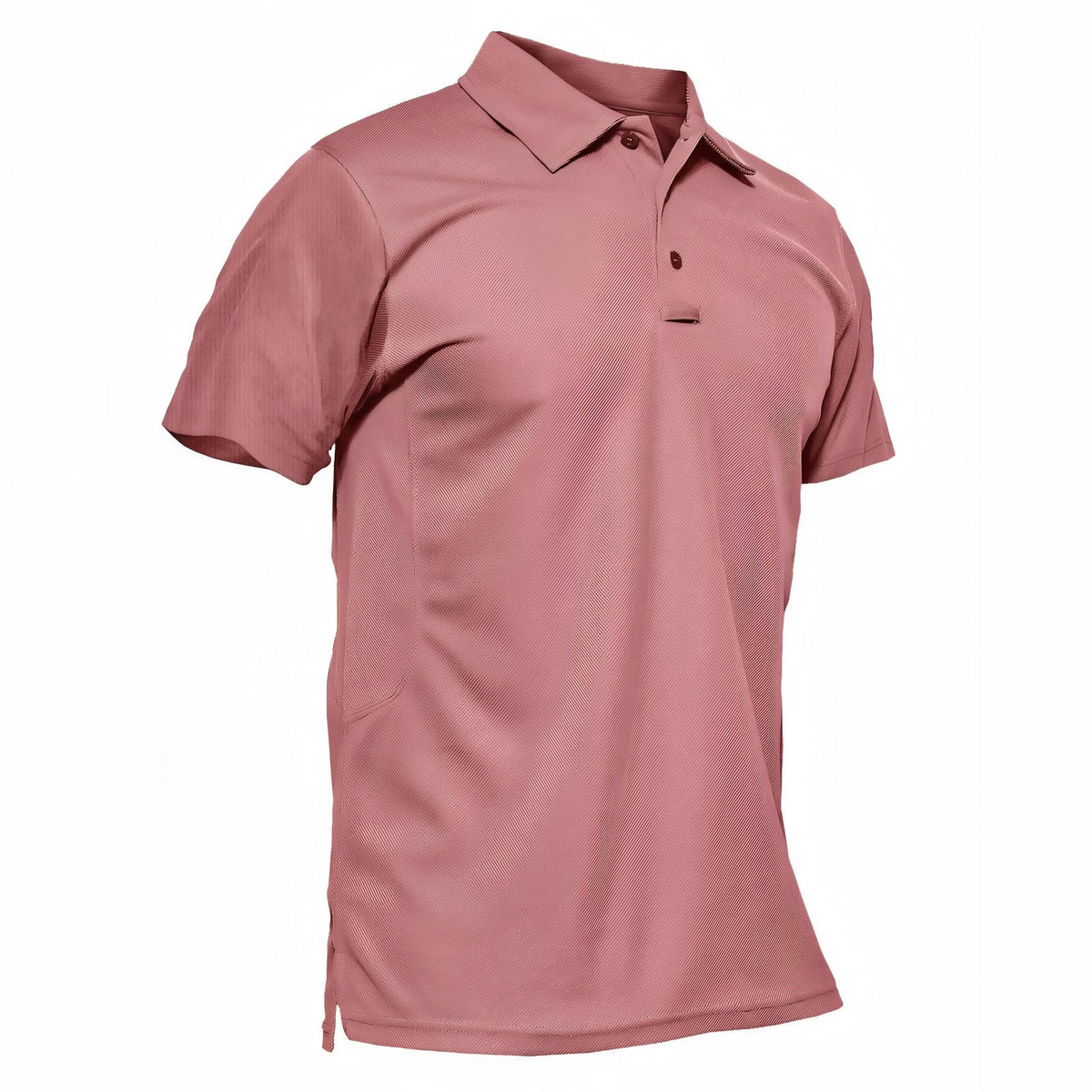 Men's dusty pink short-sleeved polo shirt with a three-button placket, seen from the front at an angle