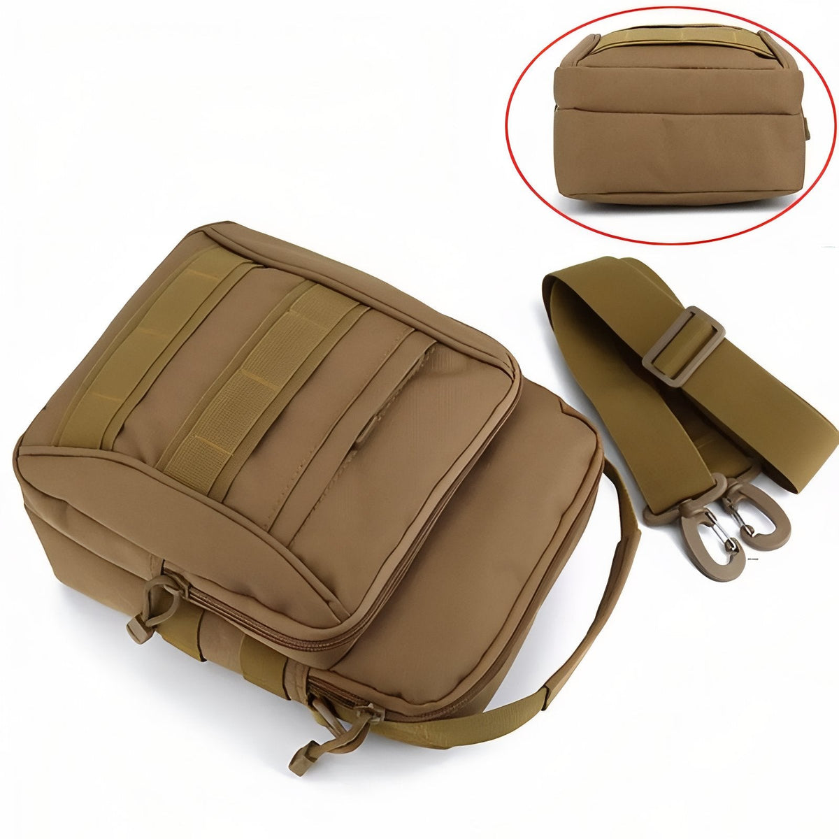 Coyote brown bag lying on its side next to its detachable shoulder strap