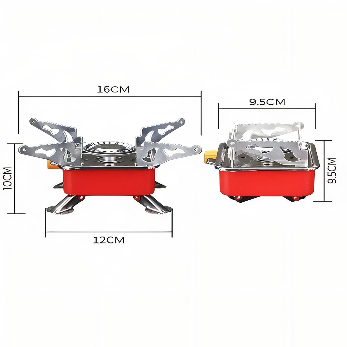 Camping stove with its sizes marked: 16 cm across, 12 cm, 10 cm tall, and 9.5 cm square folded