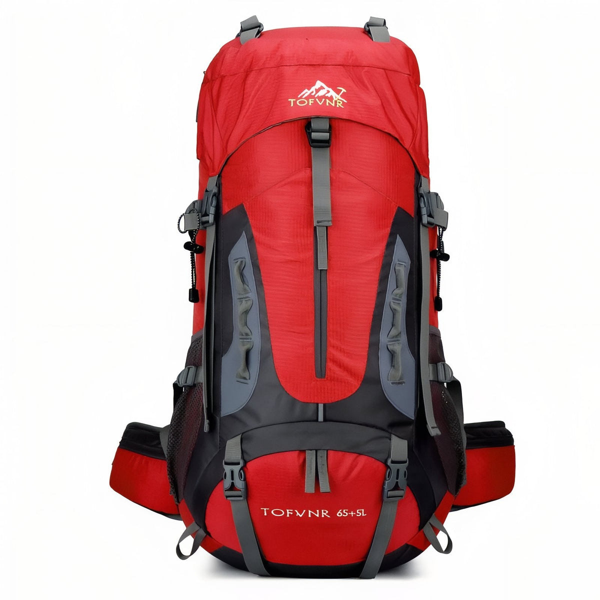 Red hiking backpack with black panels and grey straps, front view