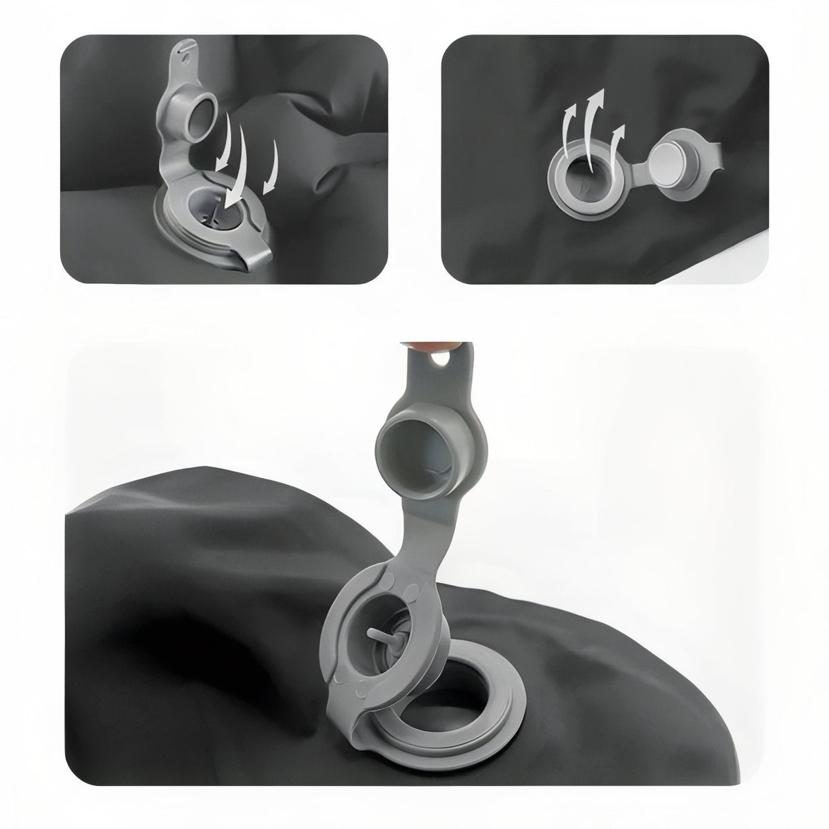 Close-ups of the flat two-way valve and its cap on the cushion