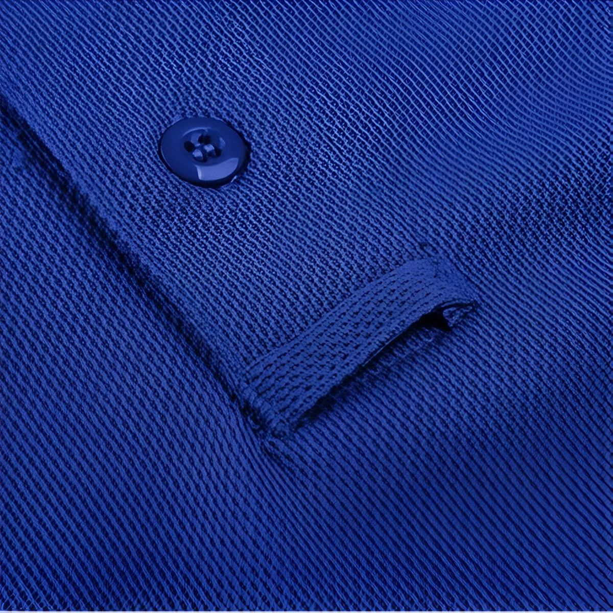 Close-up of a blue polo placket with its button and buttonhole
