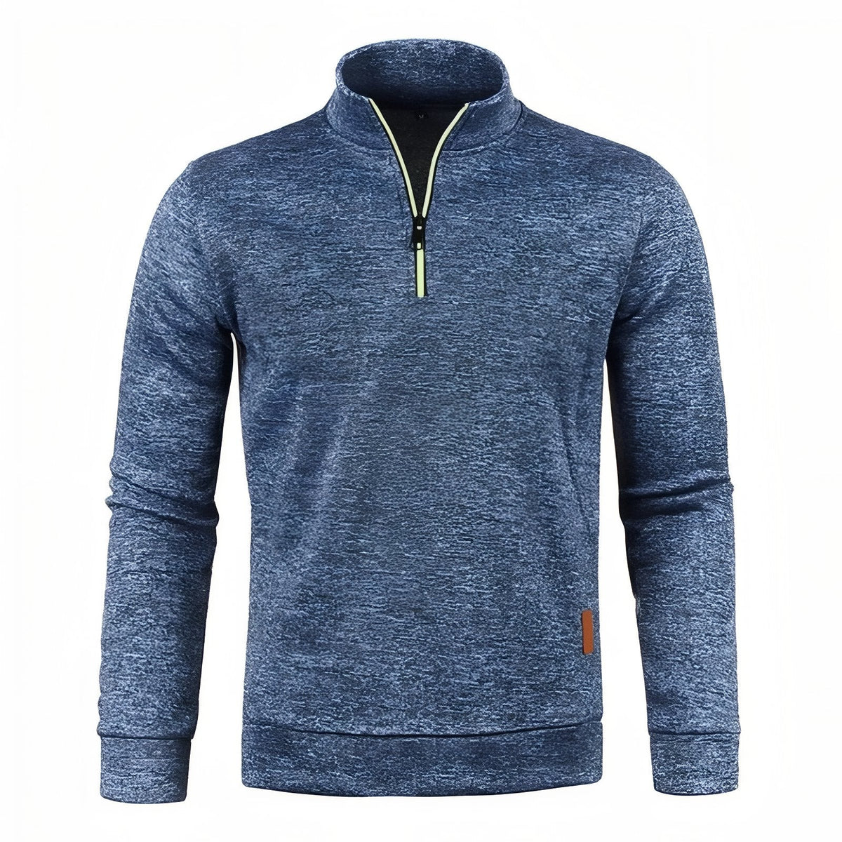 Heather blue men's quarter-zip pullover with a stand collar, lime zip piping and a small tan tab at the hem, front view