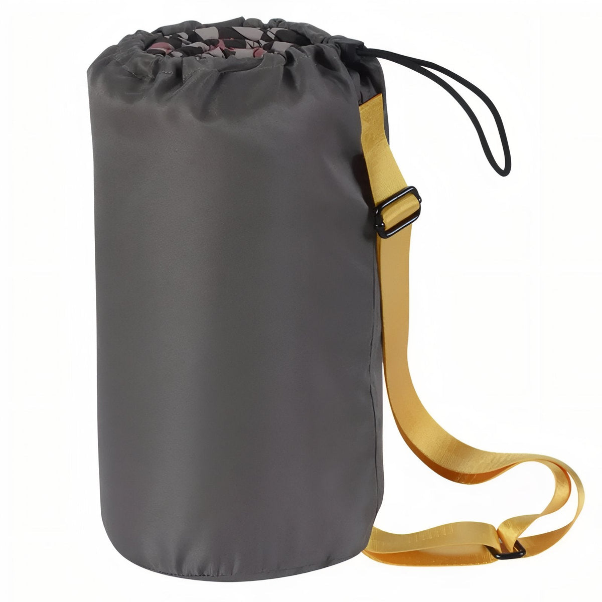 Grey drawstring storage bag with a yellow shoulder strap, packed