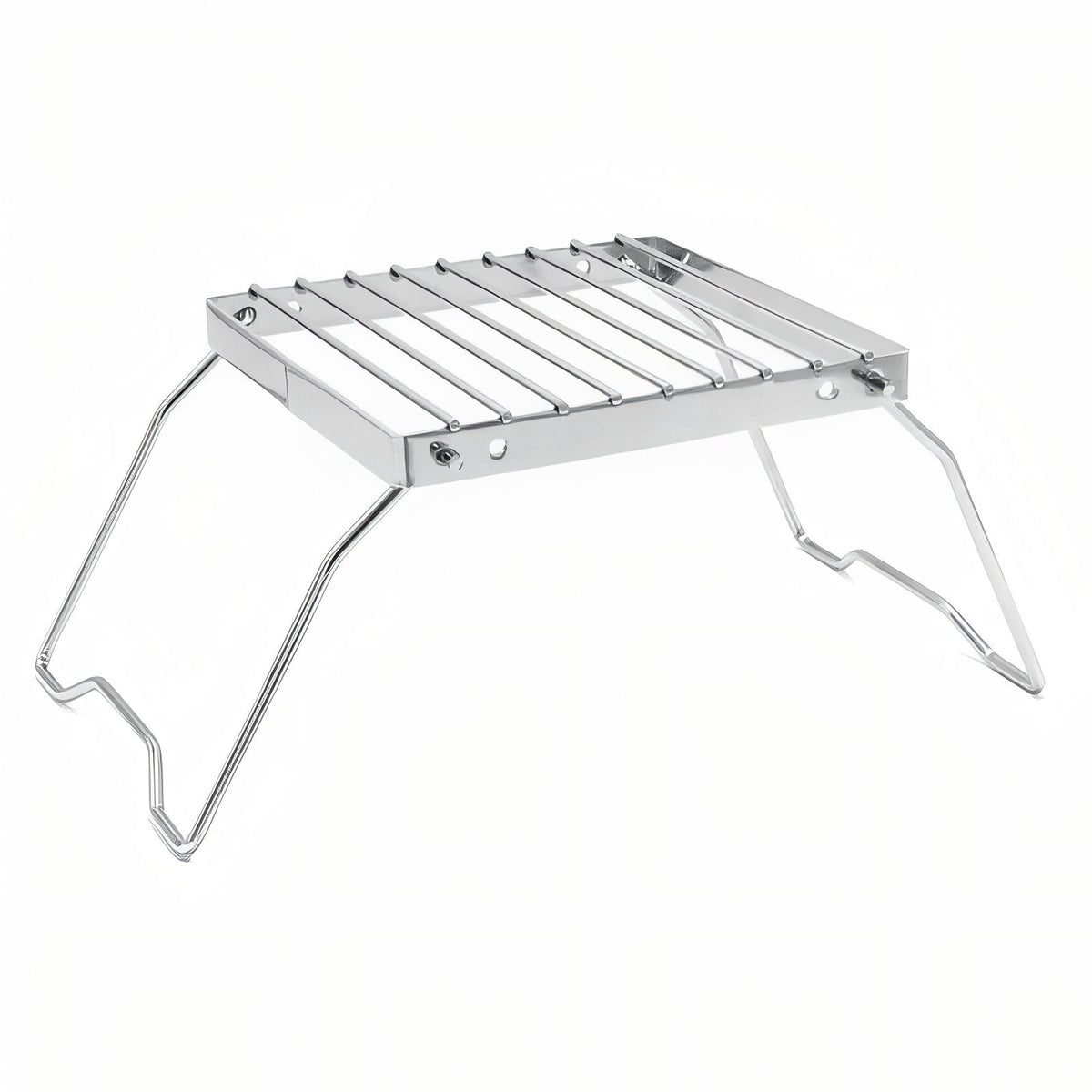 Folding stainless steel grill stand with a 16 x 16 cm grate on four wire legs