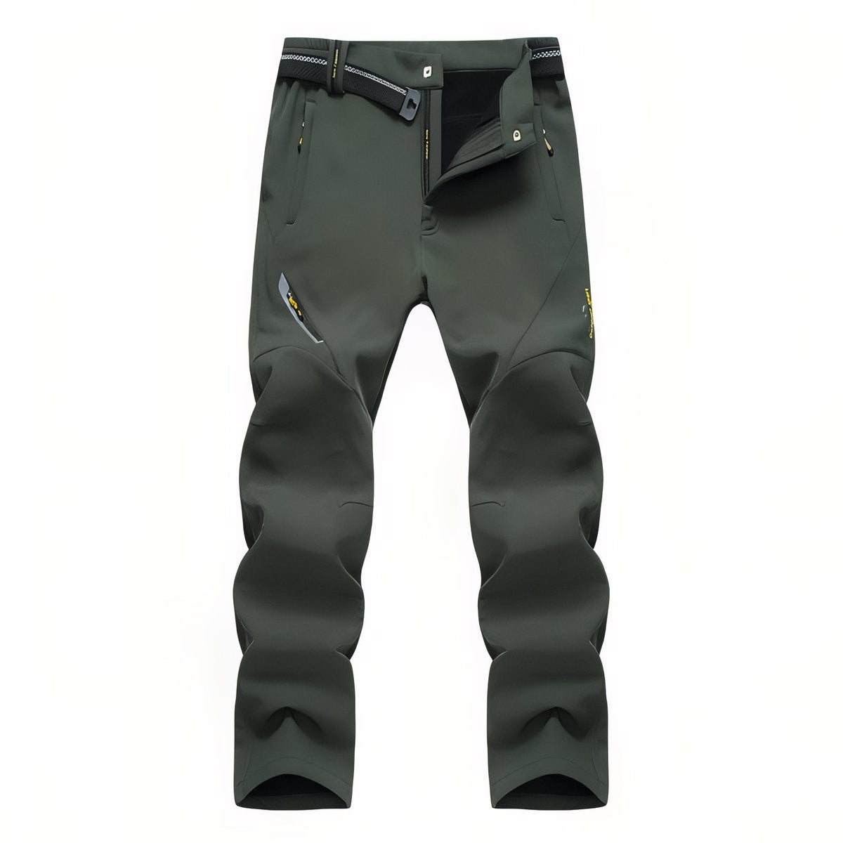 Dark green men's fleece-lined softshell hiking trousers with a black webbing belt, zipped hand pockets and a zipped thigh pocket, front view