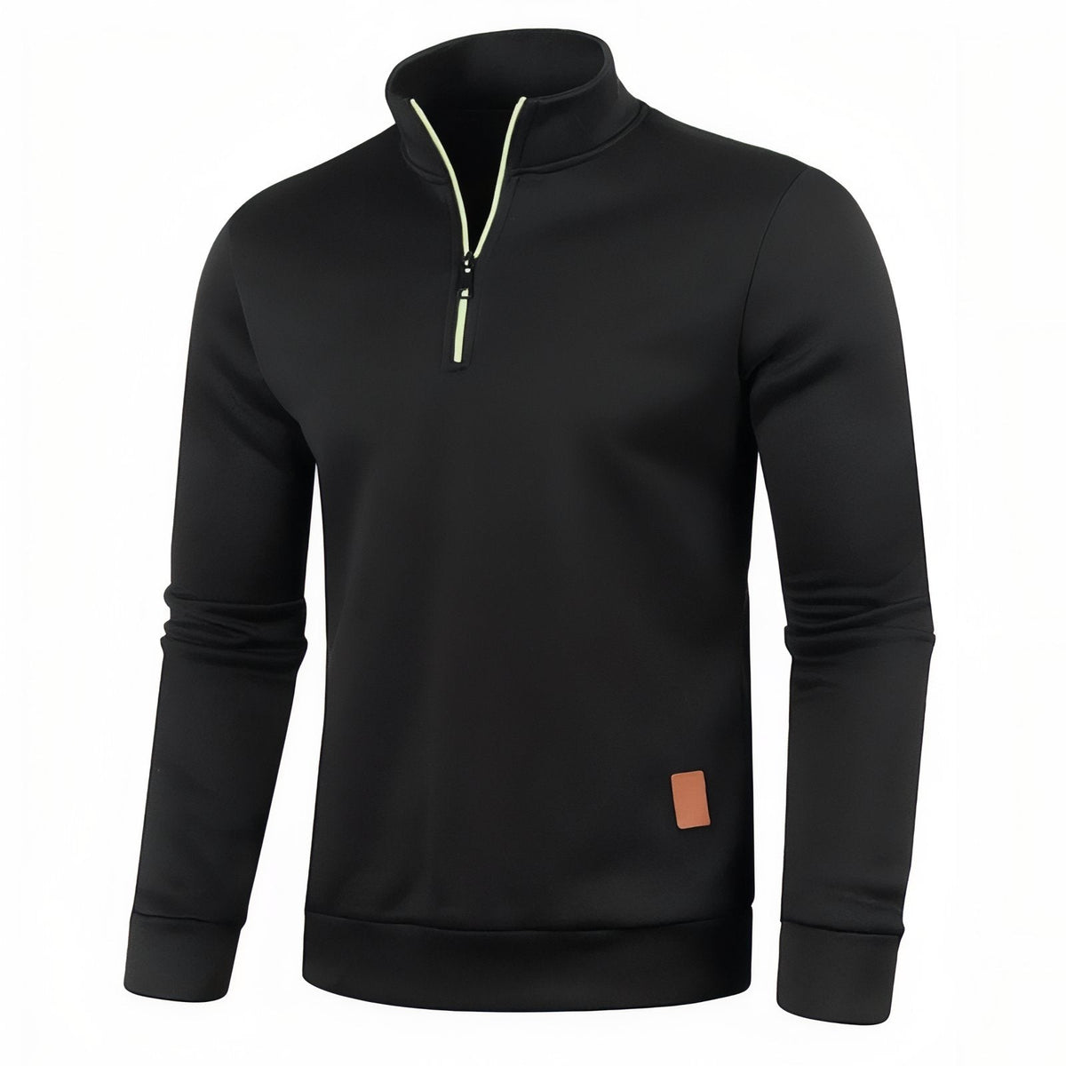 Black men's quarter-zip pullover with a stand collar, lime zip piping and a small tan tab at the hem, front view
