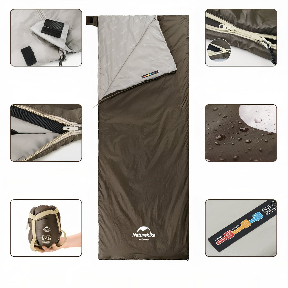 Brown envelope sleeping bag with close-ups of the hook-and-loop tab, two-way zip, water beading, packed sack and temperature label