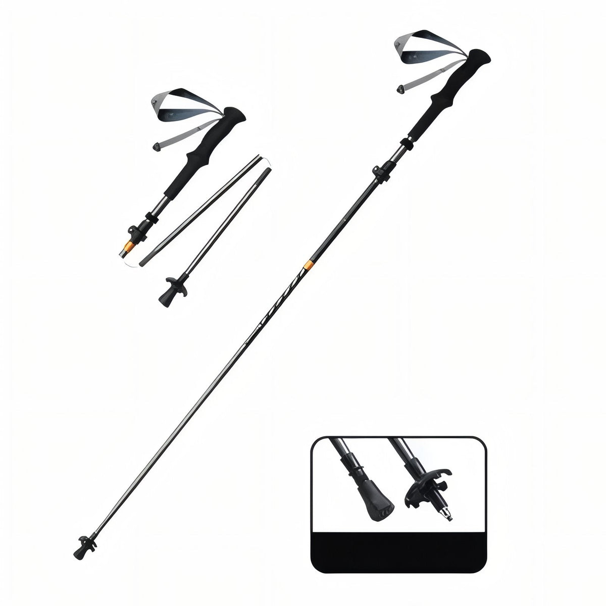 Grey folding trekking pole shown extended and folded