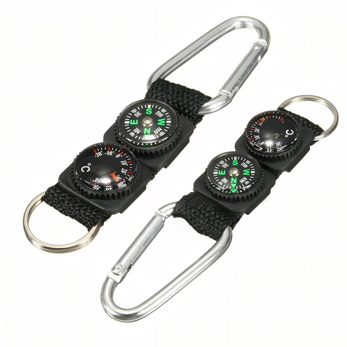 Two compass and thermometer keyrings side by side with their carabiners and split rings