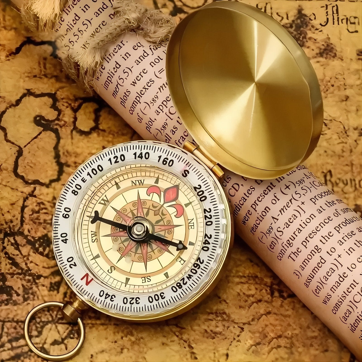 Open pocket compass on an old map beside a rolled paper