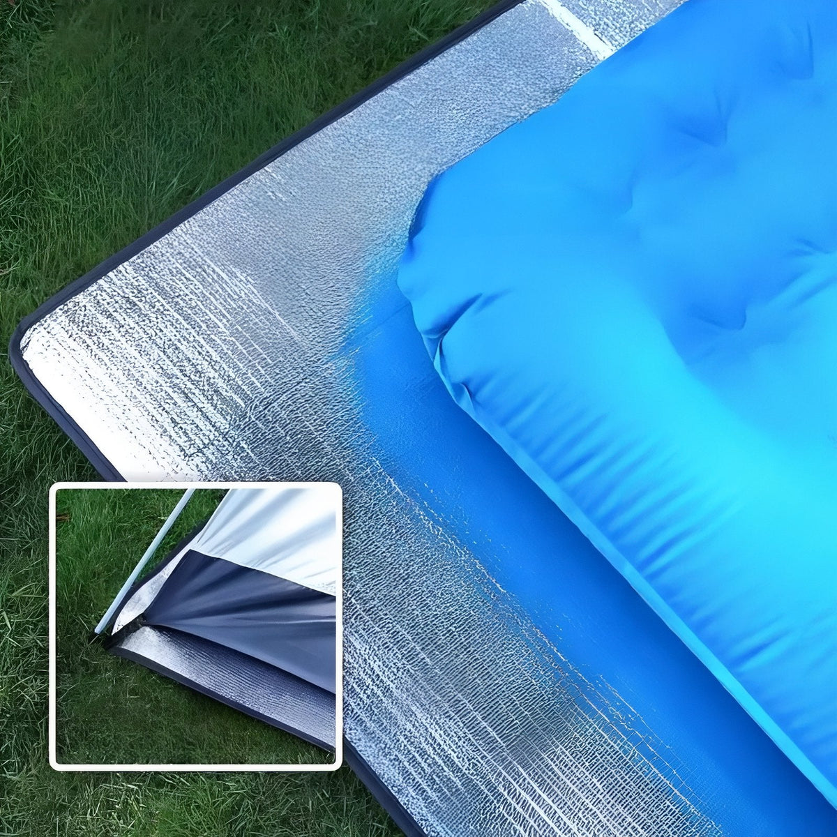 Foil foam mat spread on grass under a blue air mattress, with an inset of it lining a tent floor