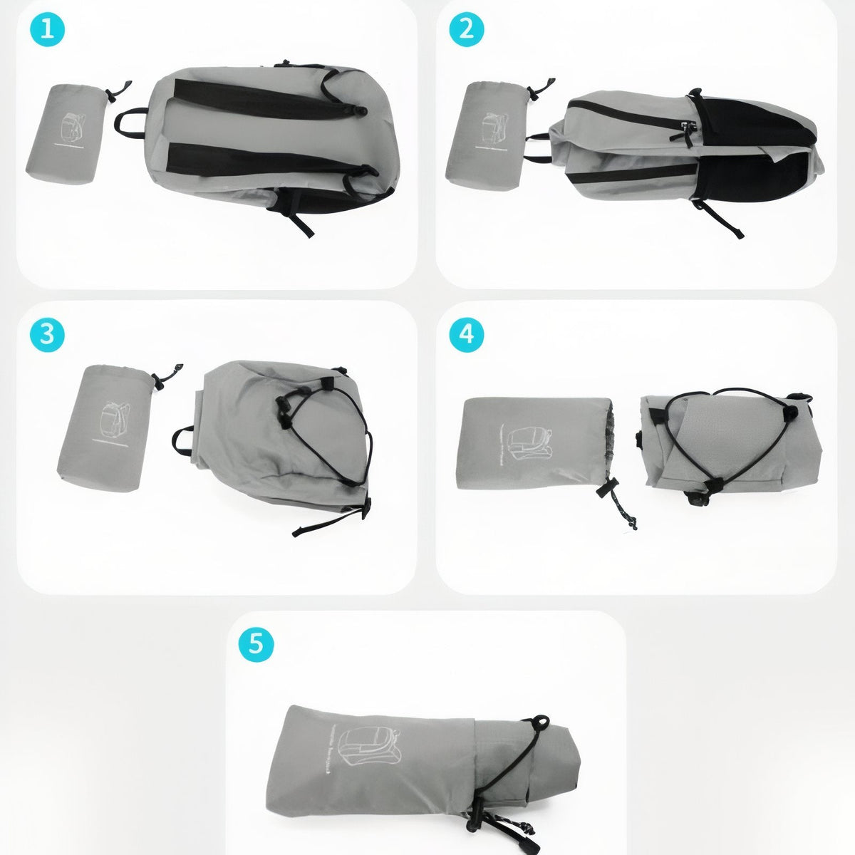 Five steps showing the grey daypack being folded and rolled into its own stuff pouch