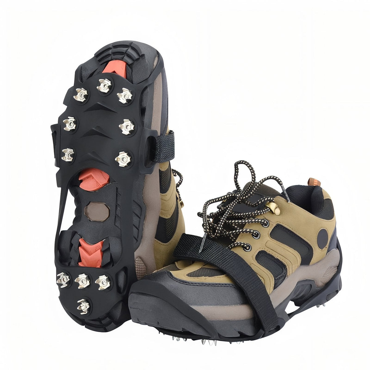 Black rubber ice cleat with 11 metal studs shown from below beside a walking shoe wearing one with its strap closed