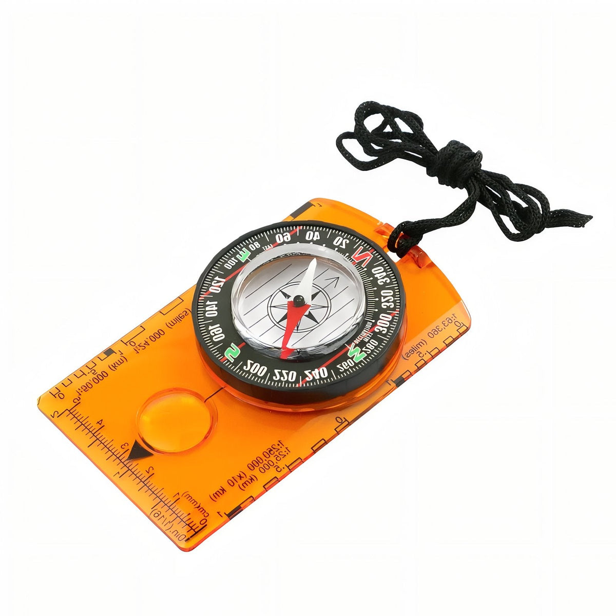 Orange baseplate compass with magnifier and black lanyard