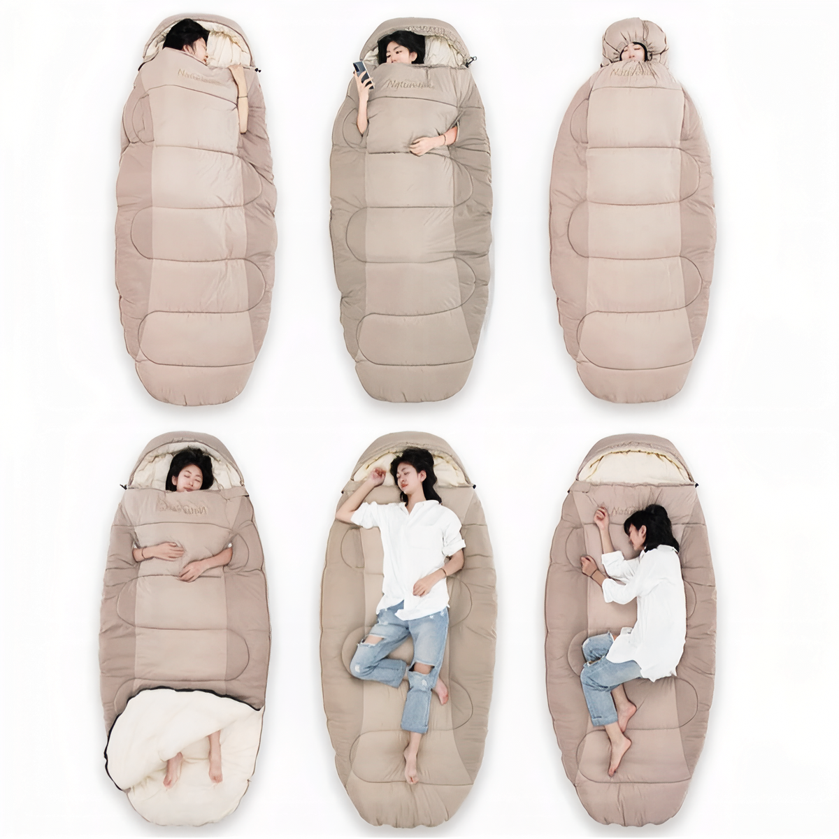 Six views from above of people lying in the light beige oval sleeping bag on their back, side and front, with arms out through the openings